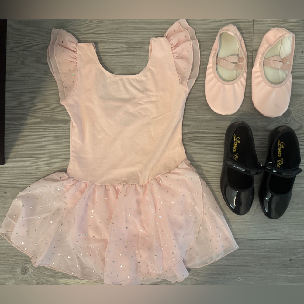 Pink ballet leotard (size 6-8), ballet shoes (size 1), tap shoes (size 1)